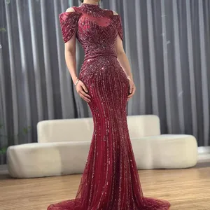 Color caramello/vino rosso/rosa 2025 nuovi abiti da sera a sirena di lusso con perline a collo alto per occasioni formali abiti da ballo - Product Image 5
