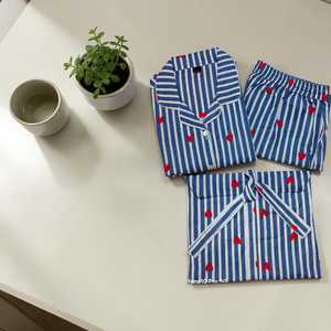 Conjunto de Pijama de Algodón para Mujer, Estampado de Corazones con Rayas Azules, Ropa de Dormir Suave, Conjunto de Dos Piezas para Descansar - Product Image 2