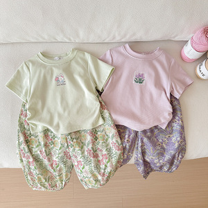 Girls Summer Clothing Set Korean Style <b>Short</b> Sleeve Printed T Shirt and <b>Harem</b> Pants Soft Cotton Beach Outfit 2 Piece Set - Product Image 5