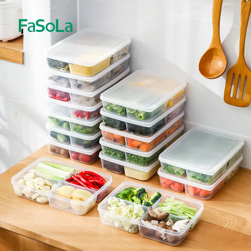 FaSoLa 4 scomparti rettangolo dispensa cestino portaoggetti con coperchio frigorifero Organizer Bin frigo Organizer per congelatori cucina