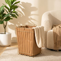 Panier à linge de luxe en métal et cuir avec poignée, forme ronde, pour l'organisation et le rangement à domicile
