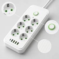 Multiprise personnalisée avec logo UE Schuko, 6 prises à espacement large, 4 ports USB, 1 port Type C, 10A, interrupteur principal