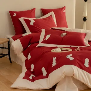 ชุดผ้าคลุมเตียงสำหรับงานแต่งงานทำจากผ้าฝ้าย100% ชุดเครื่องนอนสุดหรูสำหรับห้องนอนผิวนุ่ม