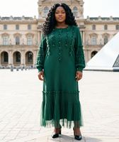 Robe longue plissée élégante décontractée grise pour femmes africaines grandes tailles, à manches longues, avec volants et ourlet en tulle perlé, plissée, ODM OEM