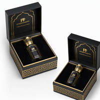 Boîte de parfum Attar noire et or de luxe avec découpe décorative, insert en velours, logo personnalisé, emballage cadeau à charnière
