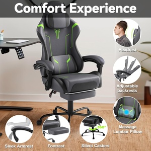 Chaise de jeu grise avec repose-pieds, appui-tête massant, <span class=keywords><strong>coussin</strong></span> <span class=keywords><strong>lombaire</strong></span> pour joueurs, salle de jeux, bureau, chaise inclinable pour jeux vidéo - Product Image 1
