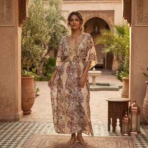 Robe d'été Y2K Bohème Col V en Soie de Sari Indien Tissée Lavable Taille Unique Imprimé Paisley Doux Naturel Décontractée Longueur Ras du Sol - Product Image 1