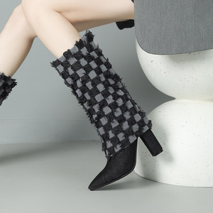 Bottes longues en jean sexy pour femmes, fermeture éclair, élégantes, à talon aiguille, bout pointu, chaussures d'automne-hiver, bottes hautes à talon haut - Product Image 1