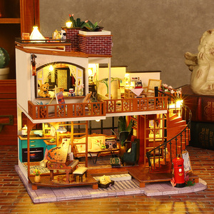 Vente en gros : Kit DIY de niche à livres en bois style villa moderne, modèle de maison de poupée 3D avec éclairage LED, décoration de bureau, artisanat fait main, cadeau - Product Image 4