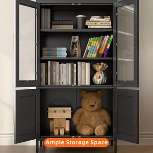 Moderno Freestanding cucina armadio dispensa in metallo ad arco con porte in vetro nero per Home Office Bar o soggiorno-FCJ