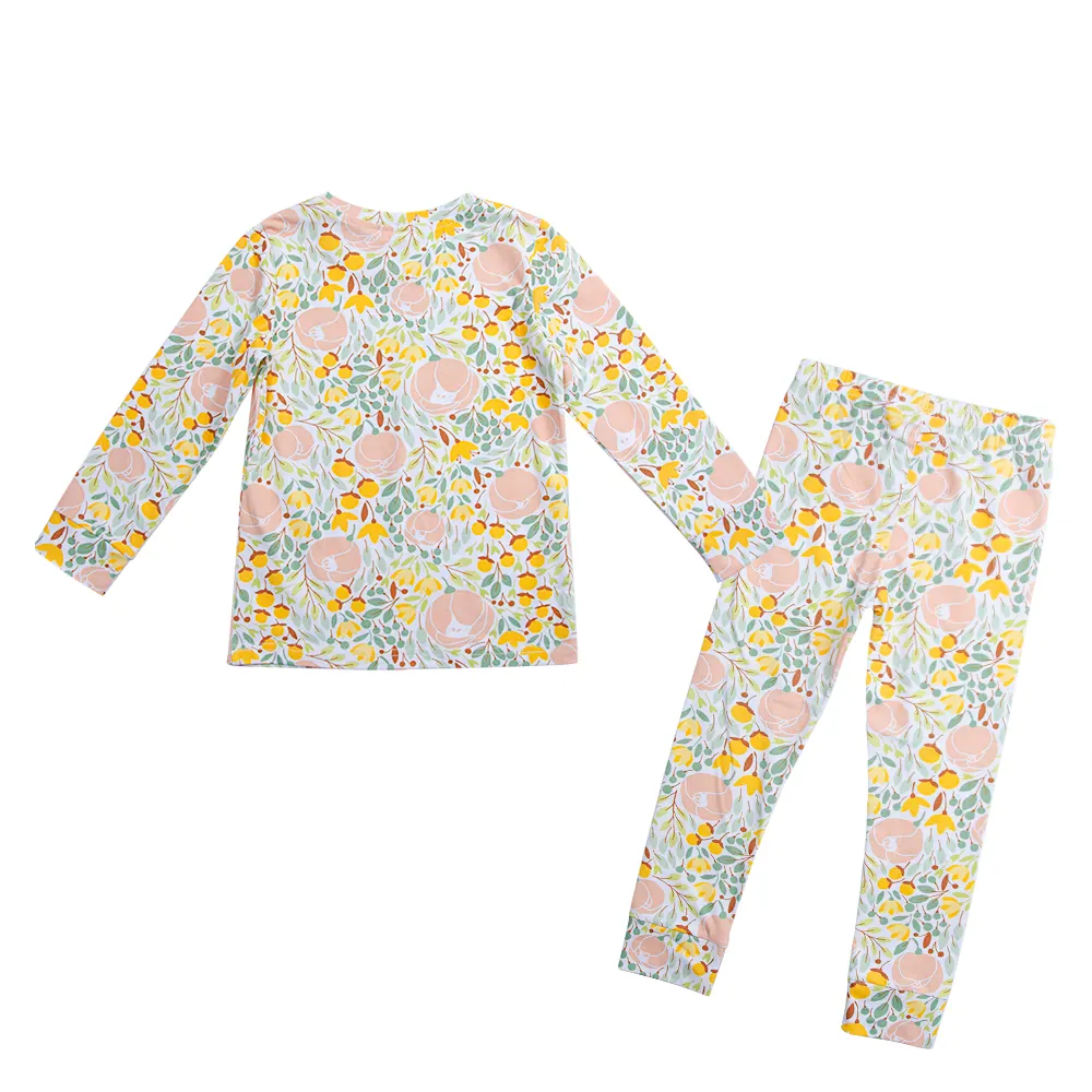 Autumn winter Girl Boy Kid Children Long Sleeve crew-neck Floral pattern Warm Blouse Pant trousers PJ pajamas Two Piece Set Suit