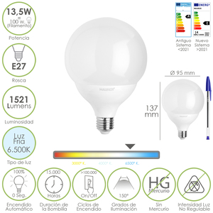 Bombilla LED E27 Globo. 13.5 vatios. Equivalente a 100 vatios. 1521 lúmenes. Blanco Frío 6500K. - Product Image 1