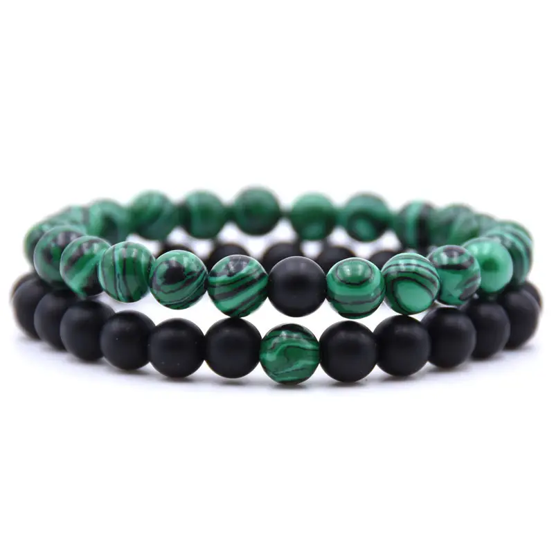 Bracelet de perles de Malachite vertes réglables fait à la main, unisexe, avec élastique, en pierre mat, noir, de luxe, 2 pièces/ensemble, vente en gros