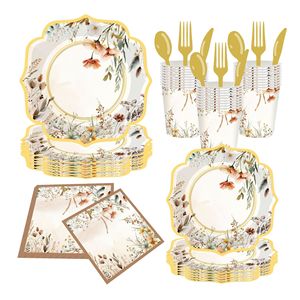 Floral <b>Disposable</b> Tableware Set Party Supplies Decorative Paper <b>Plates</b> Cups Napkins Utensils Kit - Product Image 1