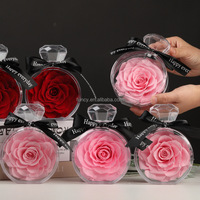 Kotak botol parfum akrilik, bunga abadi abadi mawar merah yang diawetkan alami untuk hadiah Hari Valentine