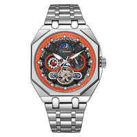 Montre mécanique squelette pour homme Dulunwe 6065A, boîtier octogonal, cadran phase soleil/lune, bracelet en silicone, montre de sport de luxe étanche