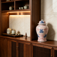 Pot en céramique sous glaçure rose, bleu et blanc, à motif floral, avec couvercle, style chinois, pour rangement et décoration intérieure