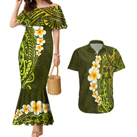 Allover Print Polynesian Sunset Plumeria Couple Outfit Mermaid Dress and Hawaiian Shirt Pacific Island Tribal Purple Style