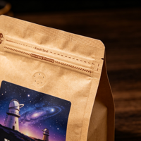 Sachet à café personnalisé avec logo imprimé, résistant à l'humidité, à fond plat, scellé sur huit côtés, en kraft avec impression en héliogravure