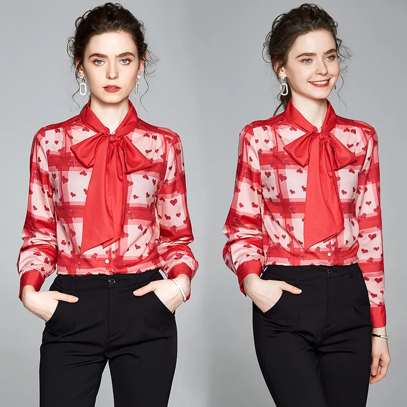Nokta 2022 yüksek moda kırmızı ilmek dantel-up dijital çiçek kadın puf kollu üstleri ve bluzlar guangzhou fabrika