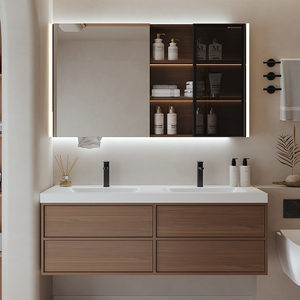 Meuble-lavabo de salle de bain <span class=keywords><strong>Anran</strong></span>, nouveau style moderne du milieu du siècle, en bois de noyer, avec un lavabo intégré en dalle de roche cintrée à chaud, à fixer au mur - Product Image 1