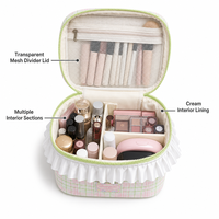 Trousse de Maquillage OEM Gingham pour Femme avec Poignée Torsadée et Volants, Pochette de Rangement Cosmétique et de Toilette Portable de Grande Capacité pour Voyage
