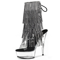 Bottines courtes sexy à talon très haut de 15 cm (6 pouces) pour boîte de nuit, avec strass et pompons, pour mannequin, danse sur barre, vêtements féminins, bout ouvert