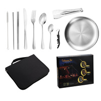 Ensemble de 10 pièces en acier inoxydable épaissi, finition miroir, pour le camping et les pique-niques en plein air - Kit portable de couteau, fourchette, cuillère et assiette