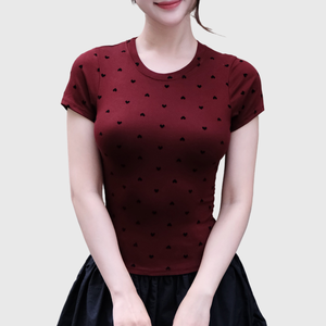 Nuevo diseño estilo rojo lunares estampado Slim Fit algodón corto manga corta Camiseta cuello redondo de mujer mejor precio - Product Image 1