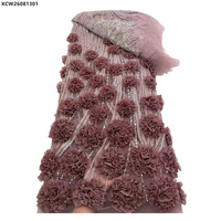 Tissu en dentelle de tulle bleu 3D avec fleurs de roses, perles et sequins, broderie florale de luxe, dentelle française perlée pour robe de mariée ou de soirée