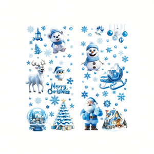 Autocollants statiques réutilisables pour fenêtres de Noël, thème bleu, motif Père Noël, rennes, bonhomme de neige, flocons de neige, double face - Product Image 1