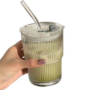 Striped Glass Coffee Mug Iced Americano Cold Drink Large Capacity Bamboo Joint Lid Cold Water Mug - Product Image 5