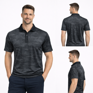 Camiseta de golf de alto rendimiento con estampado de camuflaje, de secado rápido, elástica en 4 direcciones, con cuello polo, atlética, clásica, con logotipo personalizado. - Product Image 1