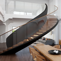 Escalier intérieur personnalisé de luxe en bois à bande de roulement en marbre Garde-corps en verre Escalier incurvé en acier à limon