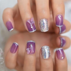 <span class=keywords><strong>Uñas</strong></span> postizas moradas de cobertura completa <span class=keywords><strong>con</strong></span> decoración de mariposas, <span class=keywords><strong>uñas</strong></span> postizas francesas <span class=keywords><strong>con</strong></span> purpurina Squoval corta Ombre - Product Image 3