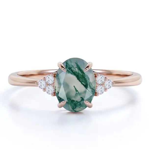 1.10 Carat Marquise-shape Filigree Milgrain Ovate Natural Druzy Moss Green Agate And Moissanite Cluster 6 Prong Engagement Ring