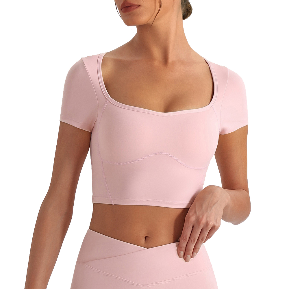 Square Neck Short Sleeve Padded Plus Size Four-Way Stretch Sports Running T-shirt Women Slim Fit Crop Backless Top Spring Summer