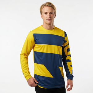Maillot de motocross personnalisé sublimé pour homme, manches longues, jaune et bleu, à blocs de couleur, en polyester à séchage rapide, pour adultes, toutes saisons - Product Image 1