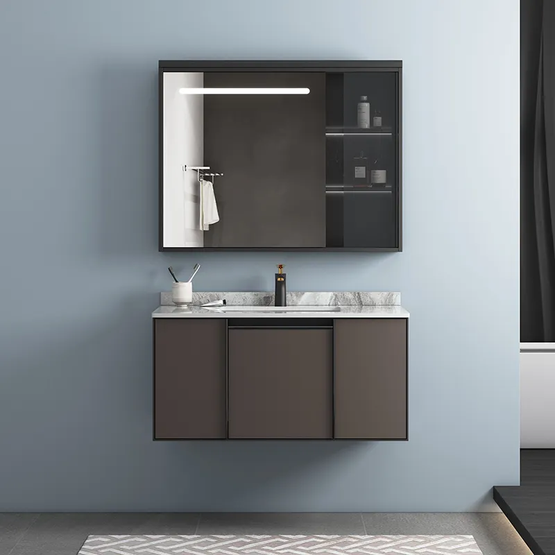 Gabinete de lavabo con espejo de diseños gratuitos, tocador de baño montado en la pared, gabinete de baño impermeable listo