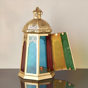 Wholesale Gold Metal <b>Moroccan</b> Candle <b>Lantern</b> with Colorful Glass for Ramadan Home Decoration - Product Image 1