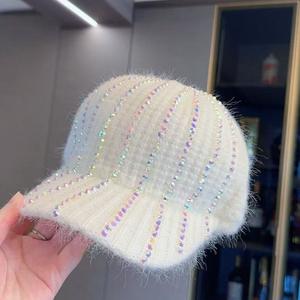 Gorra de Béisbol de 7 Paneles con Rayas y Pedrería, Estilo Coreano para Mujer, Otoño Invierno, a la Moda, en Gris, Beige, Rosa y Negro - Product Image 3