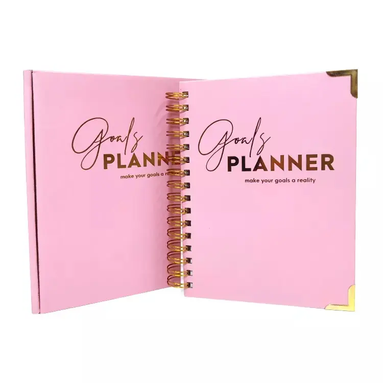Custom Logo spot 2023 A5 pink Spiral weekly monthly performance target planning agenda notebook with packaging box