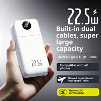 Batterie externe à charge rapide 22,5 W, 20000 mAh, câble USB-C intégré, écran numérique, approuvée pour l'avion, idéale pour les loisirs et le divertissement