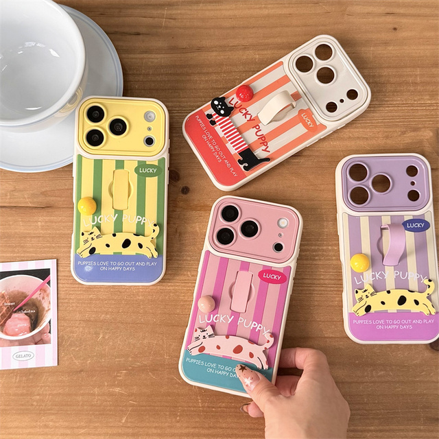 Lucky Cartoon Cat IMD Ring holder Phone case for iPhone 17 16 15 Pro Max Elastic Bracket Print Telescopic stand Beads back Cover