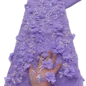 时尚女装蕾丝面料3d花朵蕾丝面料礼服供应法国珠管刺绣婚纱蕾丝面料