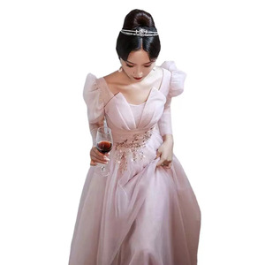 Women's Evening Gown <b>Pink</b> Chiffon Empire Waist Sweetheart Neckline A-Line Long Sleeve Formal Dress For Banquets And Events - Product Image 5