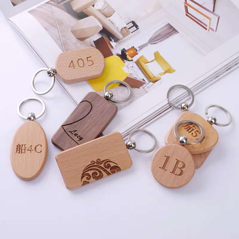 Custom Logo Laser Cut Out Wooden 3D Key Chain Blank Wood Keychains