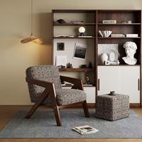 Fauteuil d'appoint en bois de noyer de style mid-century JP avec tissu tissé noir et blanc et pouf assorti pour salon