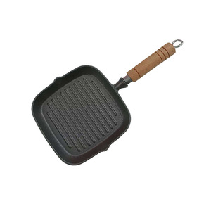 Cast Iron Square Grill Pan With Wood Handle For Frying Grilling Baking Induction Compatible Durable Design - Product Image 1