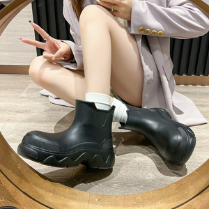 Thick Soled PVC Rain Boots Solid Color Round Toe Waterproof All Seasons Women's Ankle Boots - Product Image 5